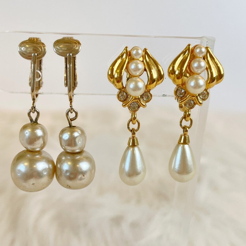 Vintage Faux Pearl Dangling Earrings Lot Sarah Coventry & Napier Gold Tone